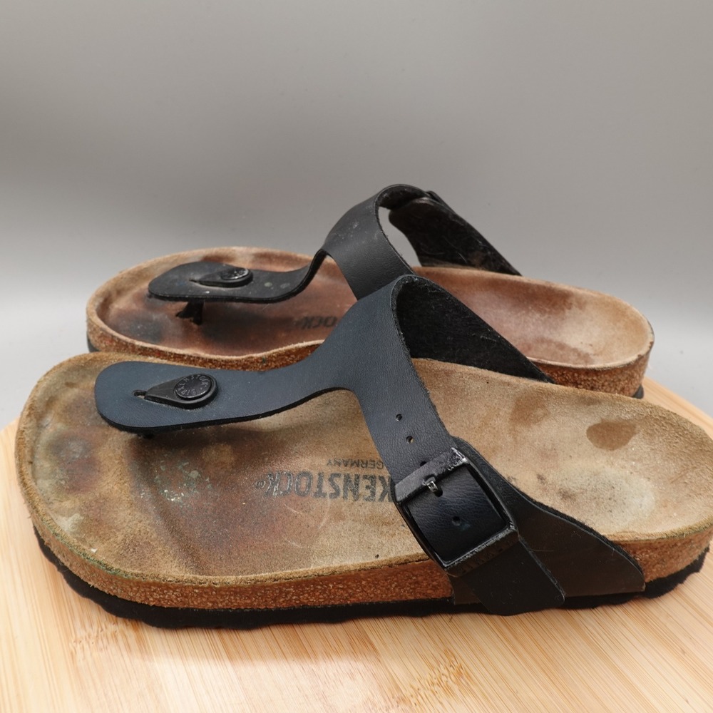 Birkenstock Sandals Women 37 6-6.5 Gizeh Black Leather Thong Beach Vacation Flaw